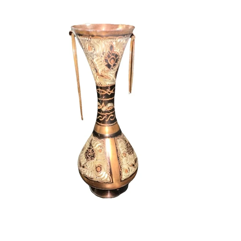 3/Antique Turkish Copper Vase with Carvings, Textured Abstract Art Design 10''